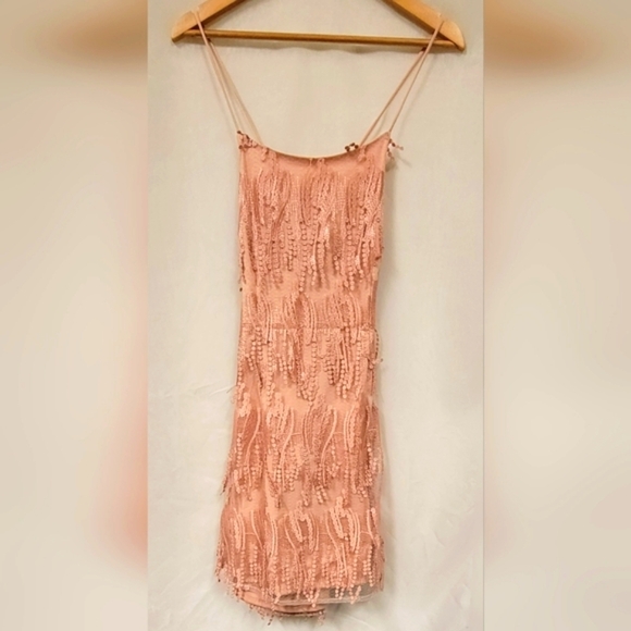 Lulus Making Magic Fringe Lace-Up Blush Pink Prom cocktail Mini Dress Size L - Picture 5 of 11
